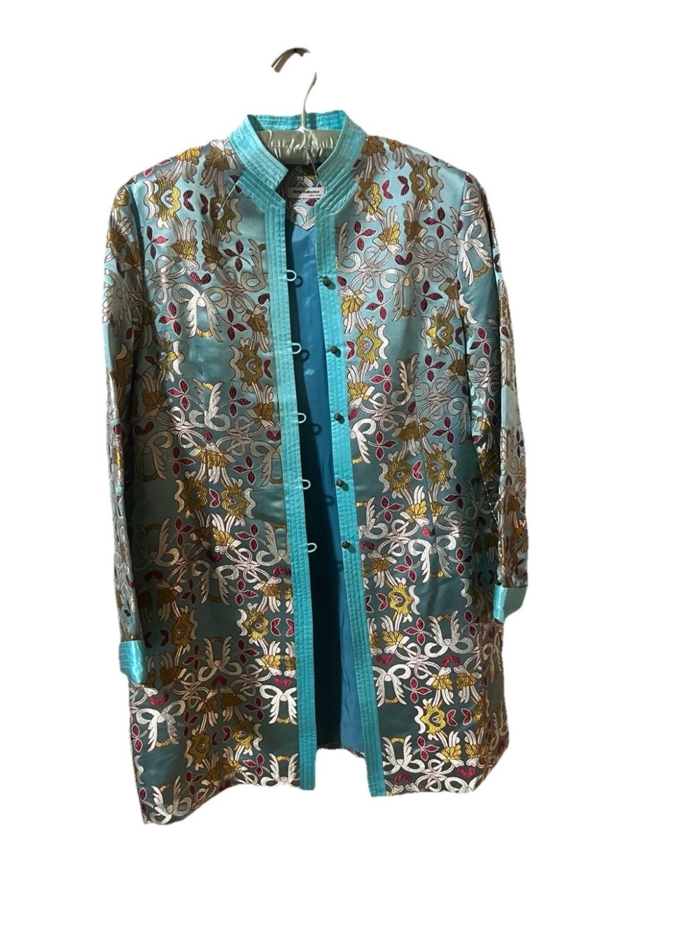 Elaine Collection of New York Womens Beautiful Size L Turquoise 100% Silk Jacket